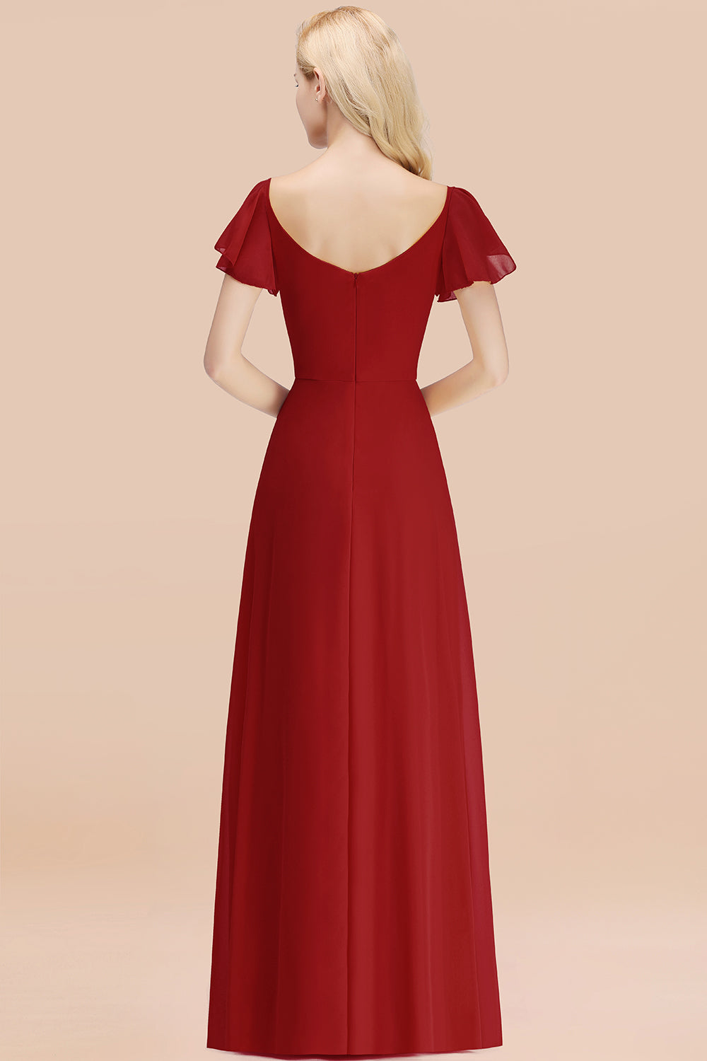 Elegant V Neck Short Sleeves Chiffon A-line Long Rust Bridesmaid Dress