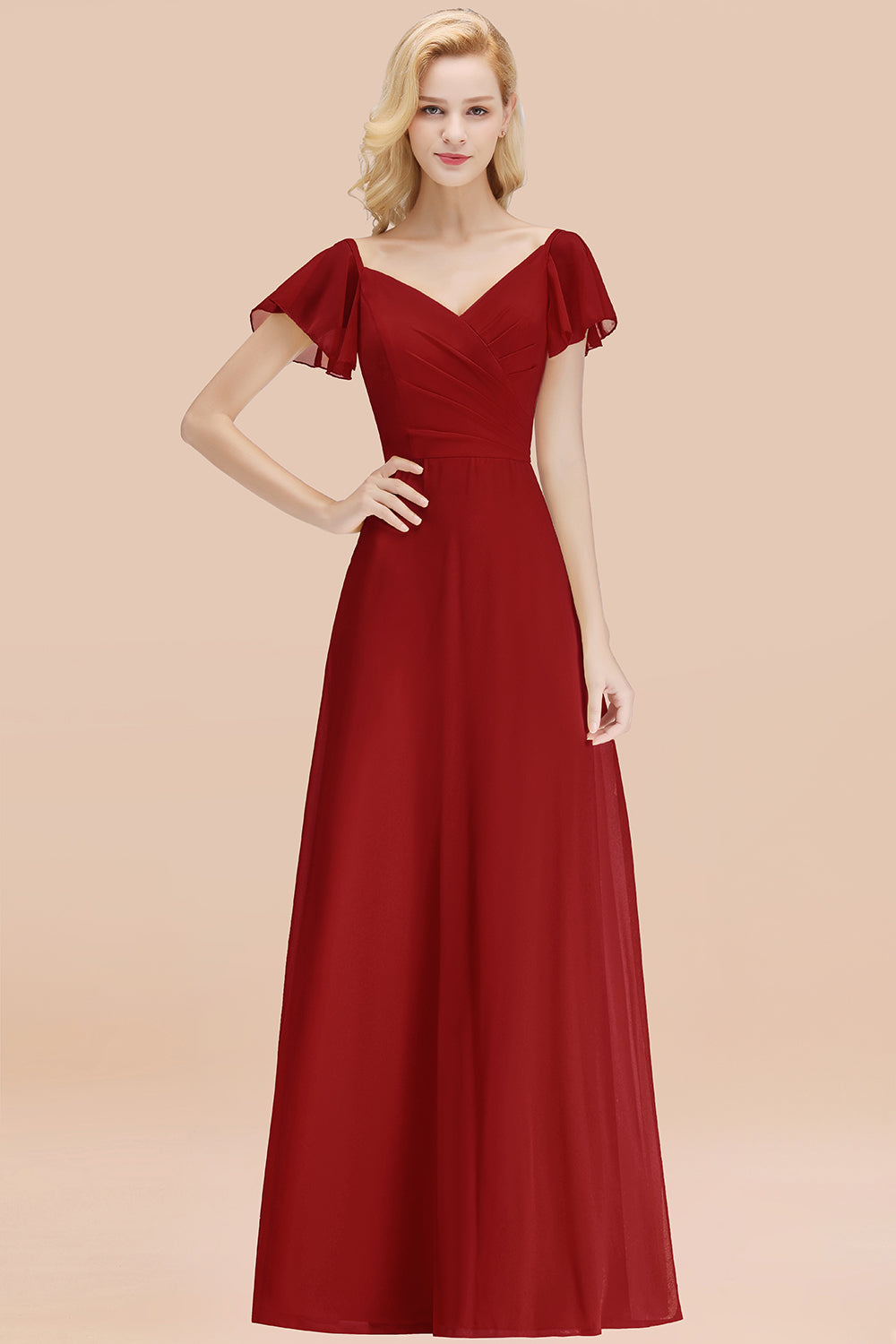 Elegant V Neck Short Sleeves Chiffon A-line Long Rust Bridesmaid Dress