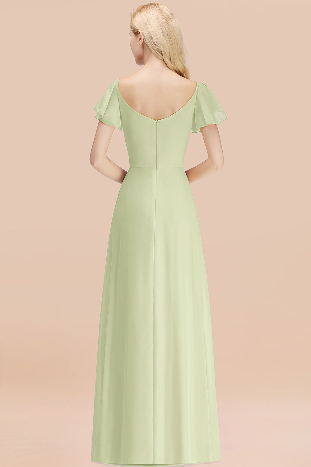 Elegant V Neck Short Sleeves Chiffon A-line Long Sage Bridesmaid Dress