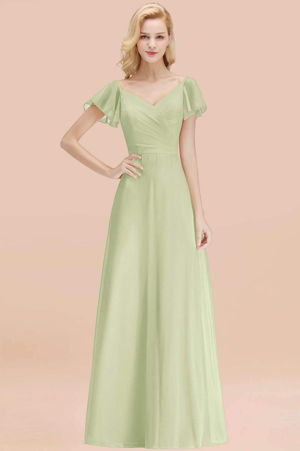 Elegant V Neck Short Sleeves Chiffon A-line Long Sage Bridesmaid Dress