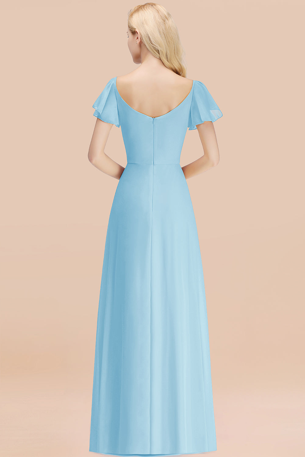 Elegant V Neck Short Sleeves Chiffon A-line Long Sky Blue Bridesmaid Dress