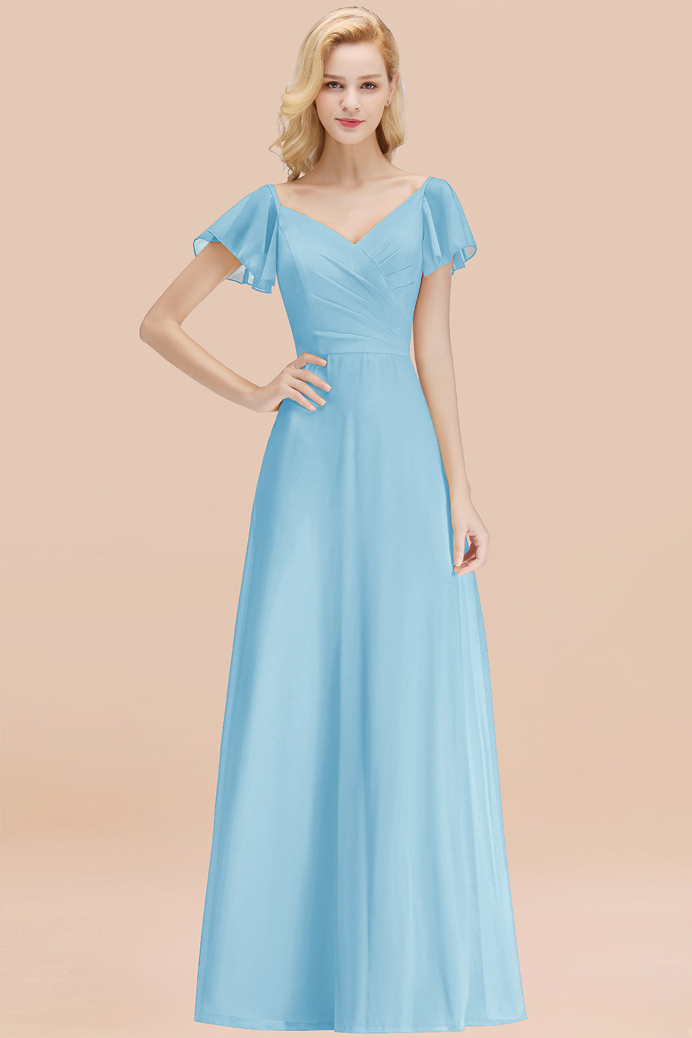 Elegant V Neck Short Sleeves Chiffon A-line Long Sky Blue Bridesmaid Dress