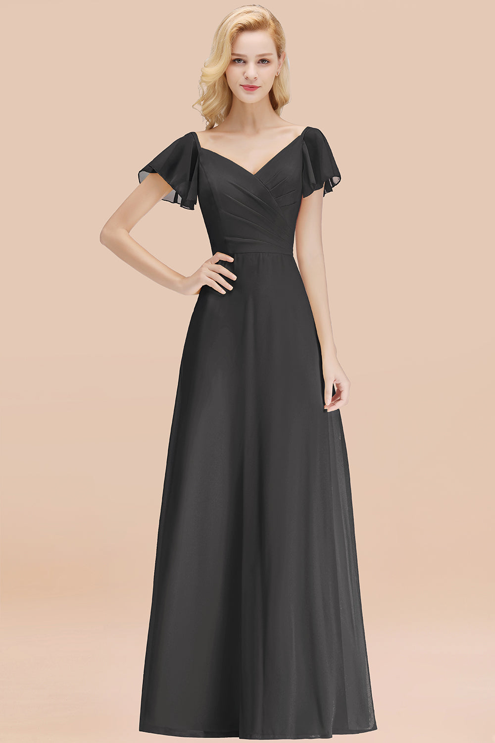 Elegant V Neck Short Sleeves Chiffon A-line Long Steel Grey Bridesmaid Dress