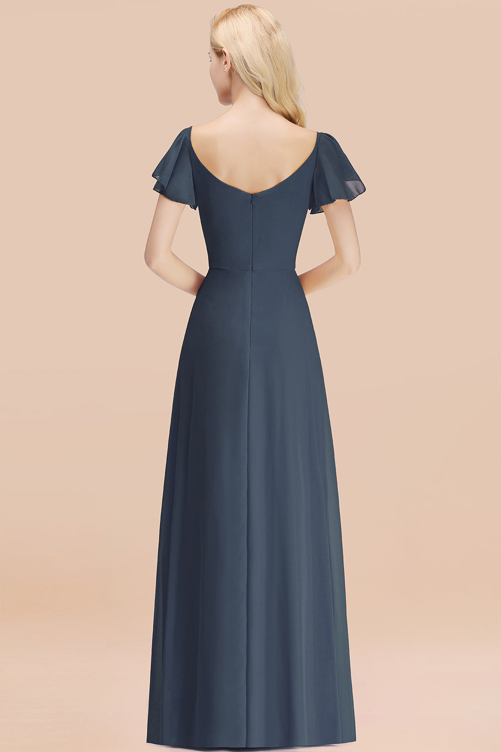 Elegant V Neck Short Sleeves Chiffon A-line Long Stormy Bridesmaid Dress