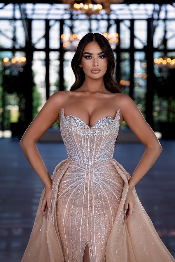 Long Mermaid Strapless Detachable Train Evening Formal Dresses with Front Slit