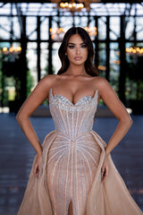 Long Mermaid Strapless Detachable Train Evening Formal Dresses with Front Slit