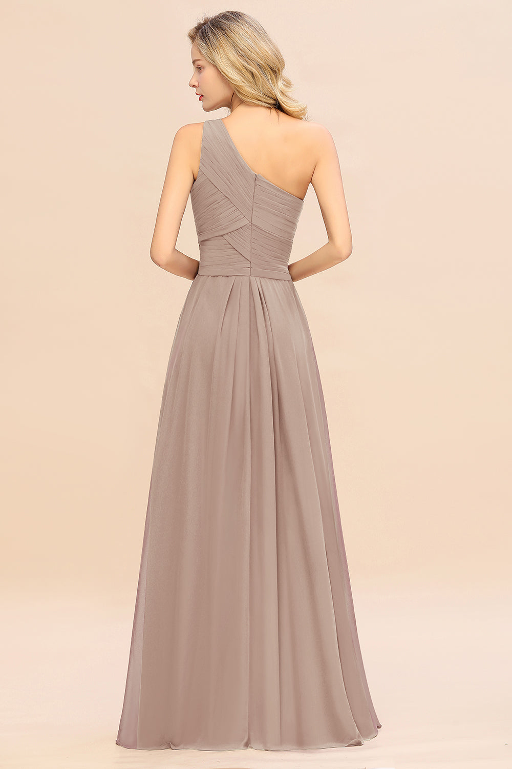 Elegant Taupe A-line Chiffon Ruffles One Shoulder Long Bridesmaid Dress