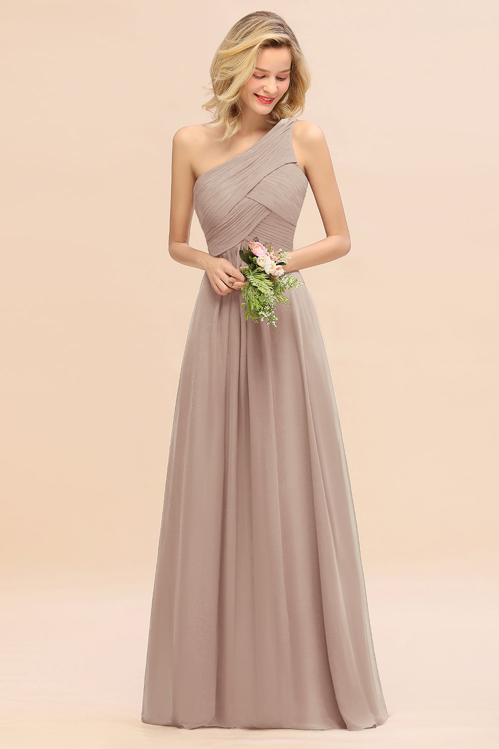 Elegant Taupe A-line Chiffon Ruffles One Shoulder Long Bridesmaid Dress