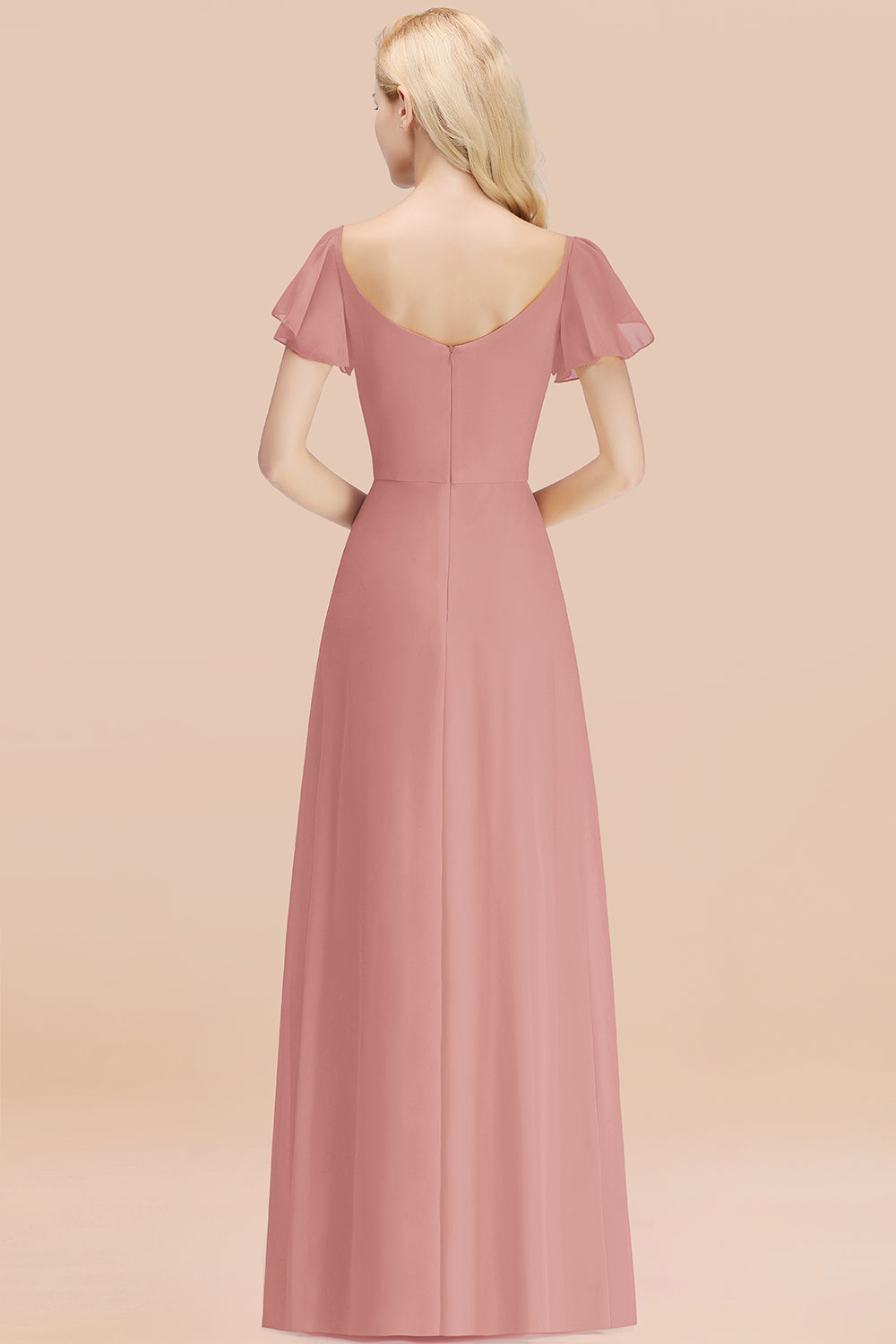 Elegant V Neck Short Sleeves Chiffon A-line Long Vintagemauve Bridesmaid Dress