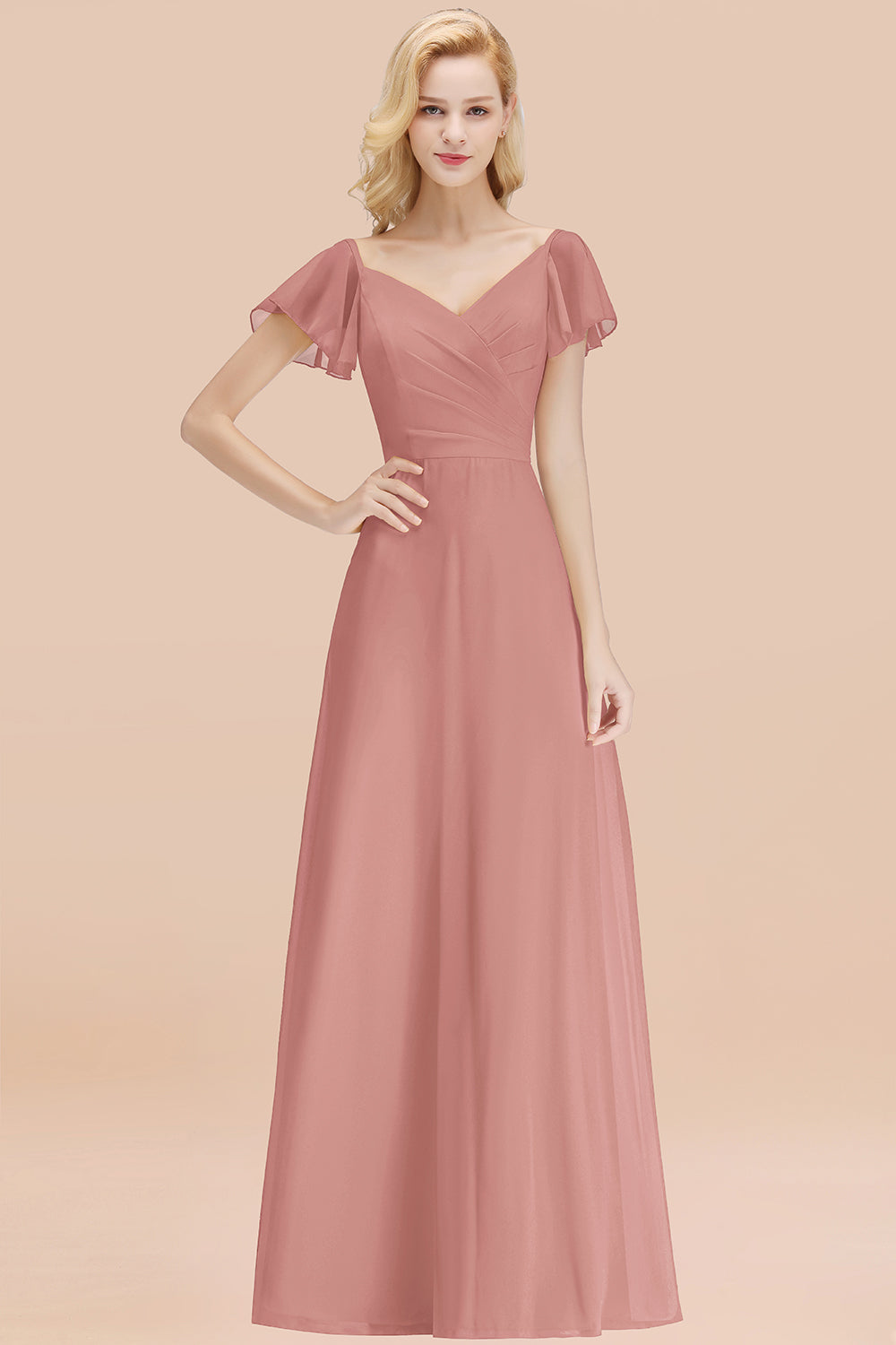 Elegant V Neck Short Sleeves Chiffon A-line Long Vintagemauve Bridesmaid Dress