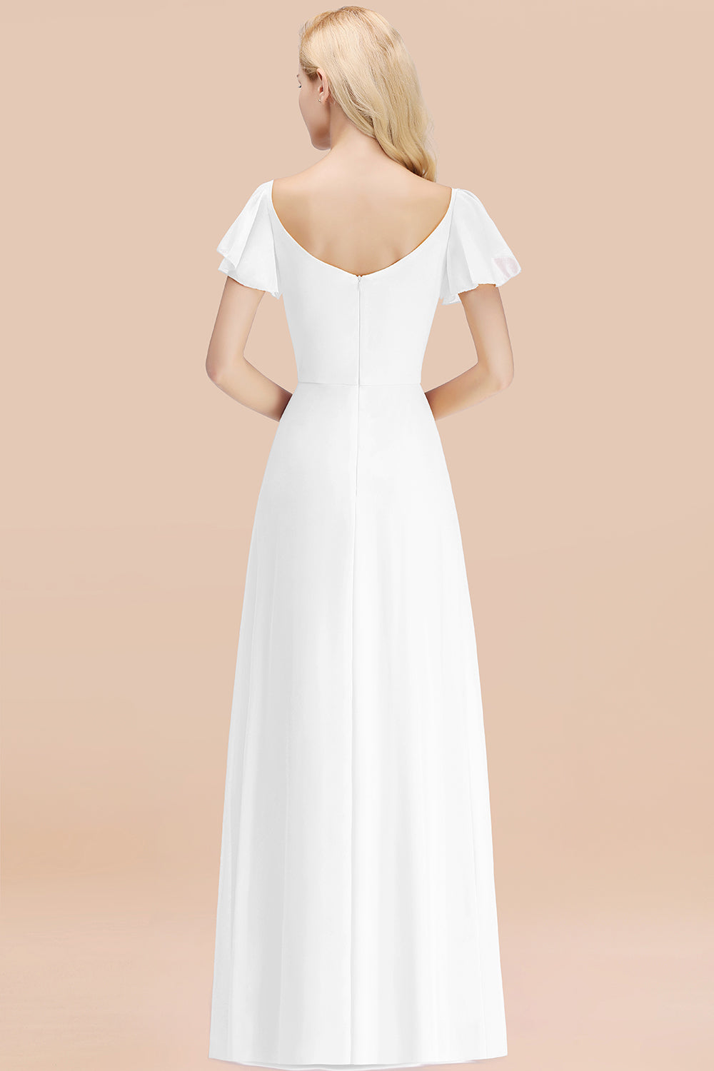 Elegant V Neck Short Sleeves Chiffon A-line Long White Bridesmaid Dress