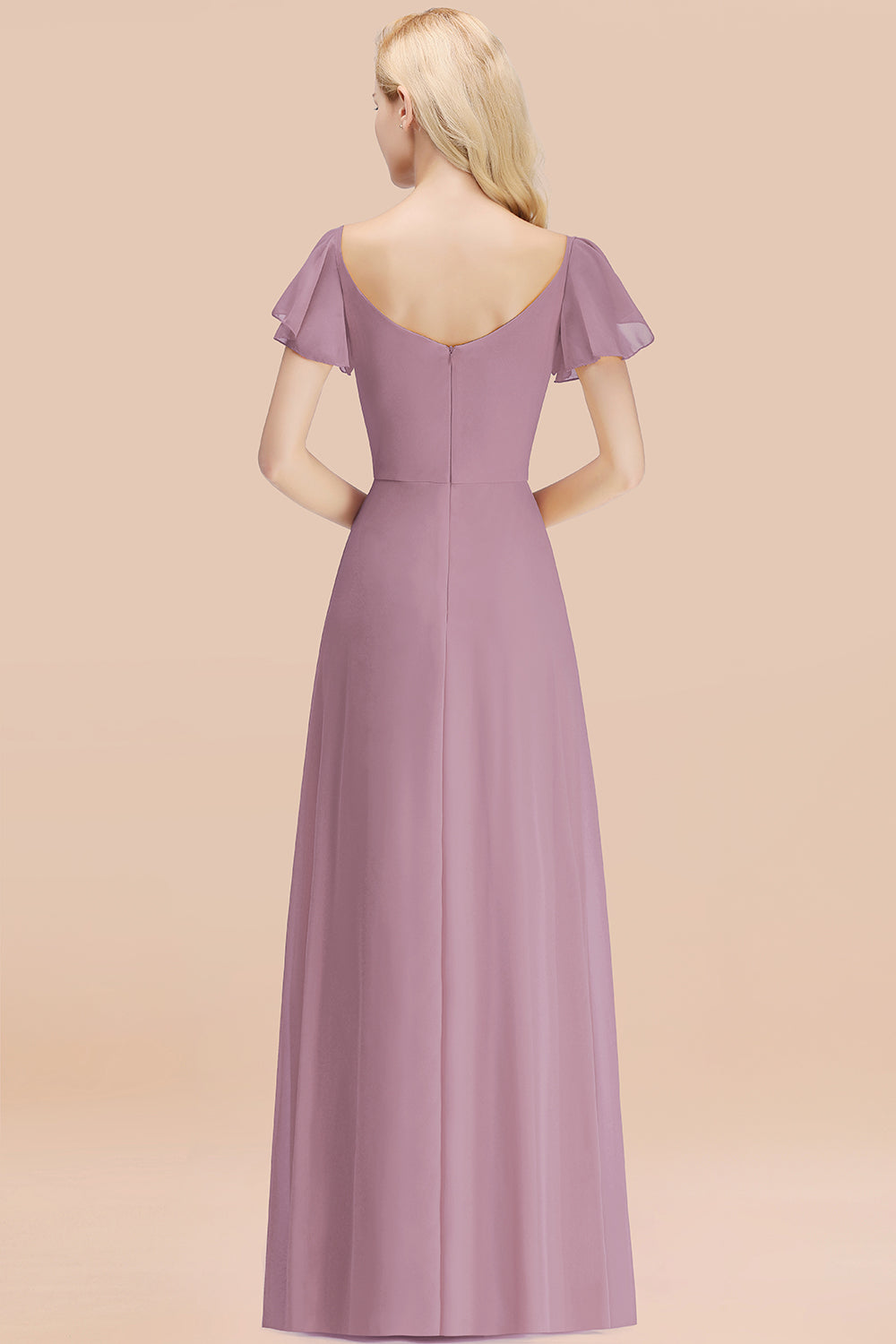 Elegant V Neck Short Sleeves Chiffon A-line Long Wisteria Bridesmaid Dress