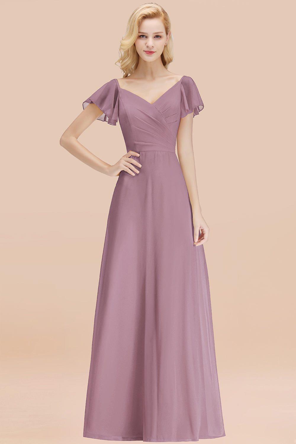 Elegant V Neck Short Sleeves Chiffon A-line Long Wisteria Bridesmaid Dress