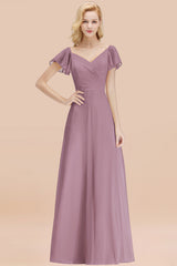 Elegant V Neck Short Sleeves Chiffon A-line Long Wisteria Bridesmaid Dress