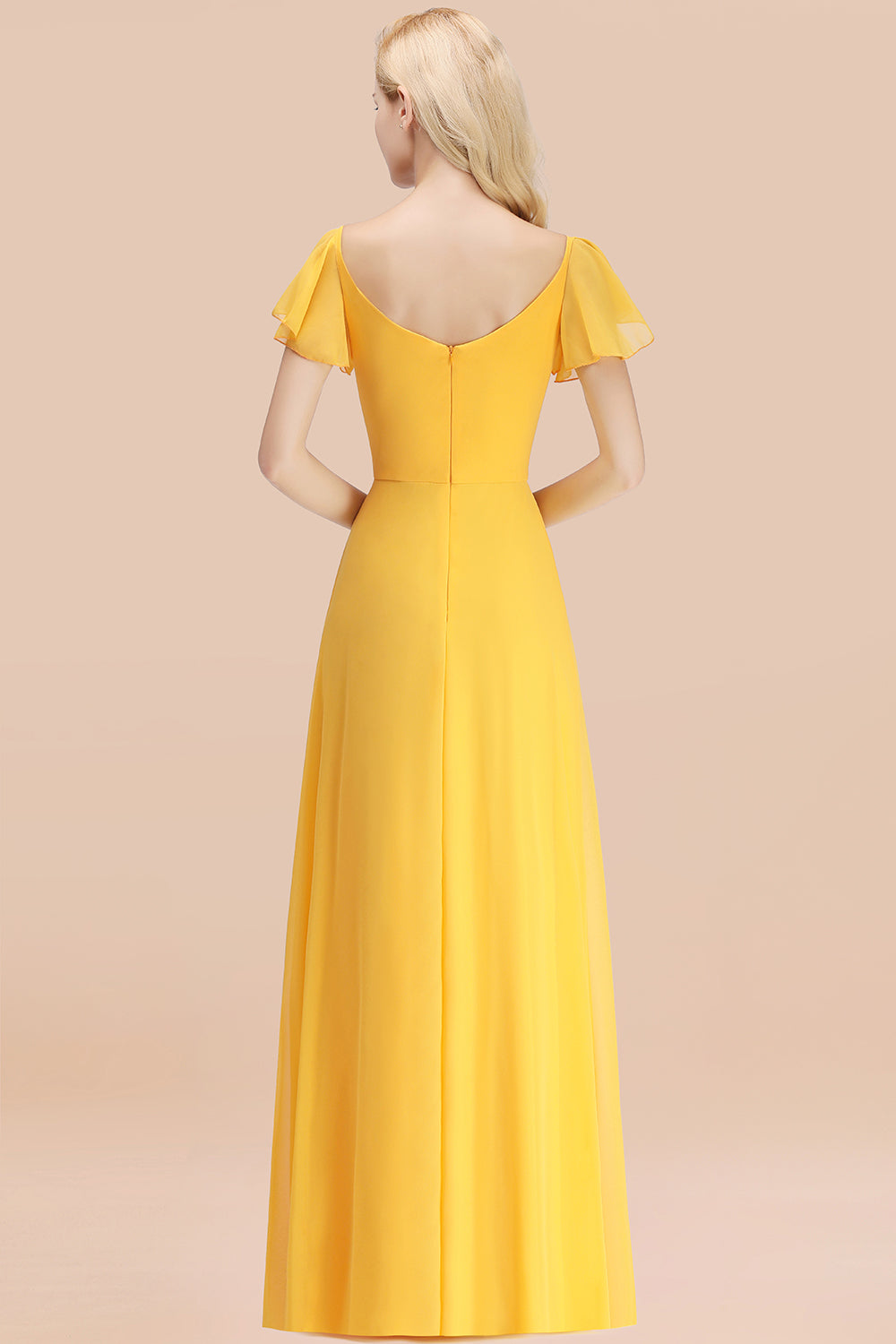 Elegant V Neck Short Sleeves Chiffon A-line Long Yellow Bridesmaid Dress