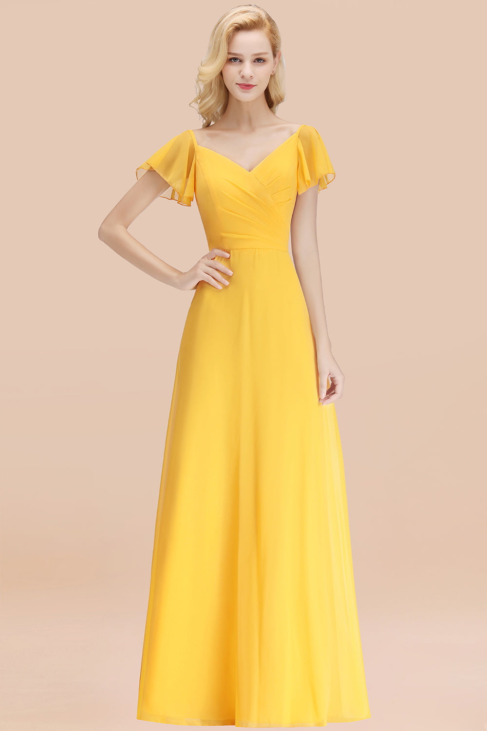 Elegant V Neck Short Sleeves Chiffon A-line Long Yellow Bridesmaid Dress