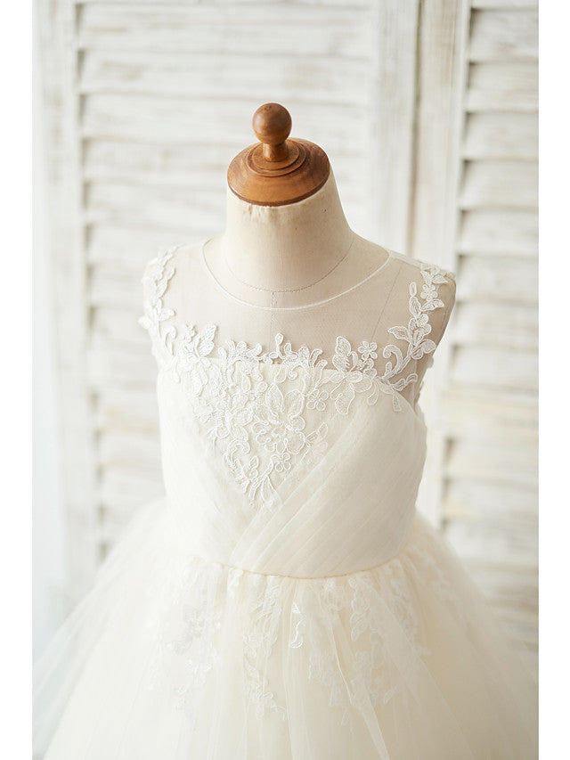 Ball Gown Knee Length Tulle Birthday Flower Girl Dresses with Appliques Lace