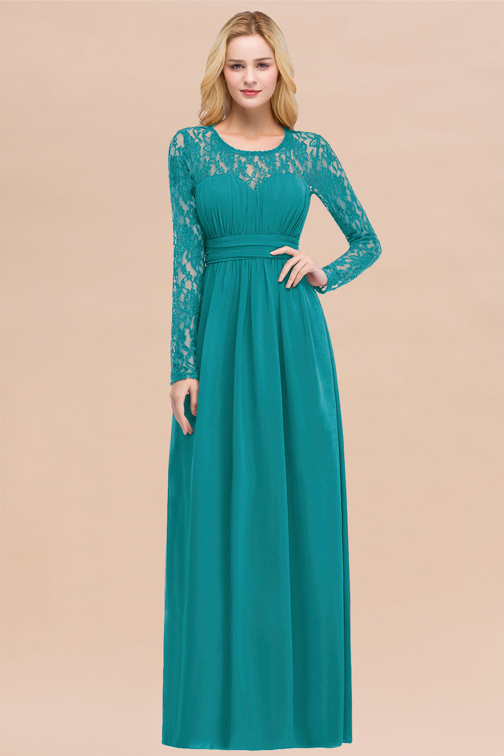 Elegant A-Line Chiffon Jewel Long Sleeves Ruffles Floor Length Bridesmaid Dresses
