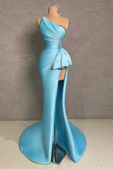 Long One Shoulder Satin Mermaid Prom Dress with Split Front