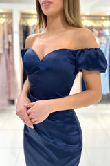 Simple Short Mermaid Off the Shoulder Satin Formal Prom Dresses
