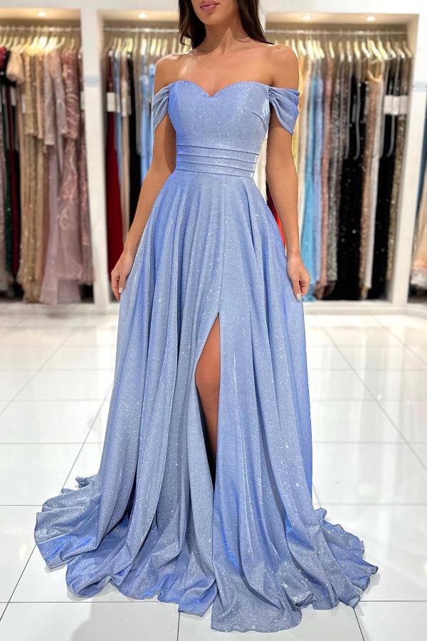 Long A-line Off The Shoulder Glitter Prom Dress with Slit