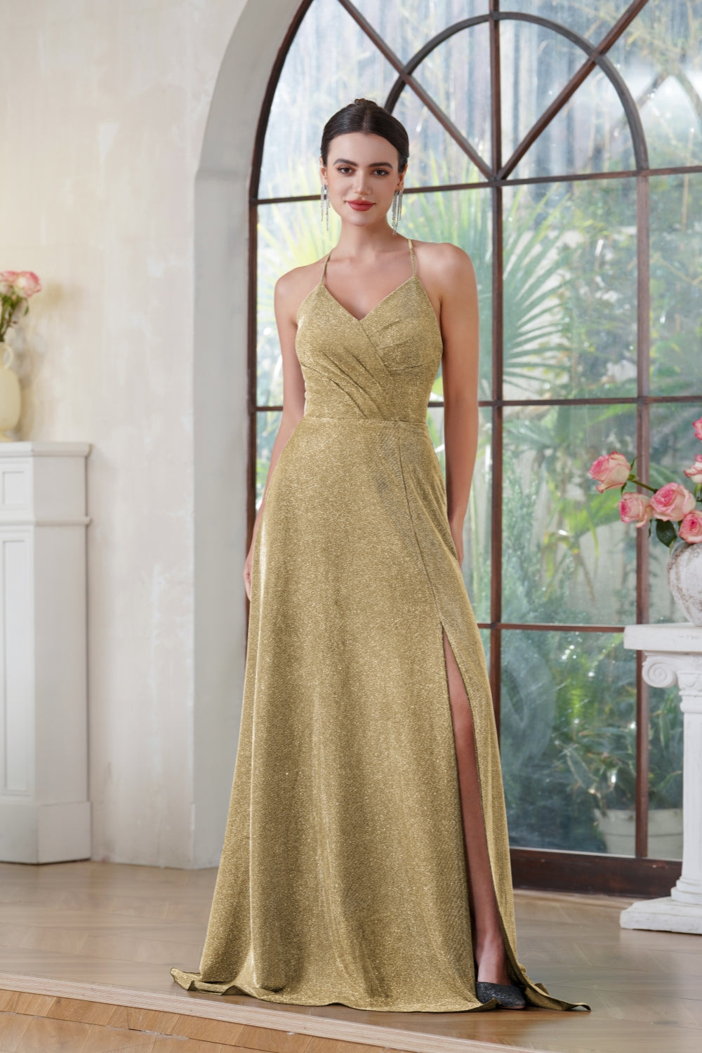 Glitter Long A-line Halter V-Neck Floor Length Side Split Formal Prom Dresses with Pocket