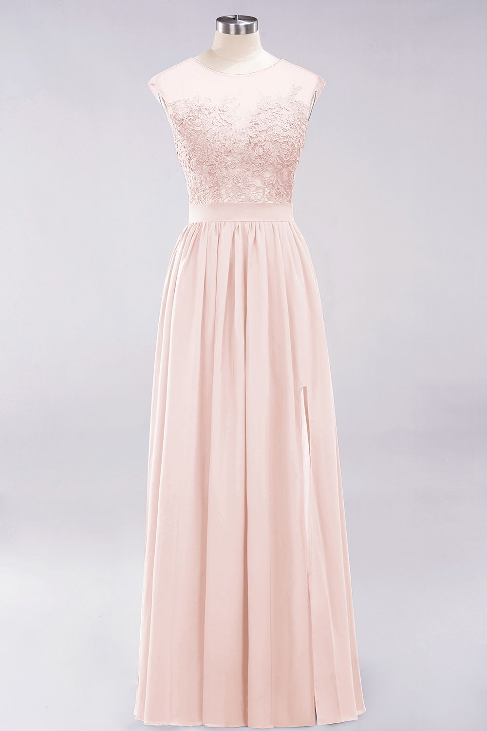 A-line Chiffon Lace Jewel Sleeveless Floor Length Bridesmaid Dresses with Appliques