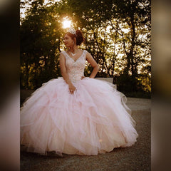 Long V-neck Tulle Beads Ball Gown Quinceanera Dress