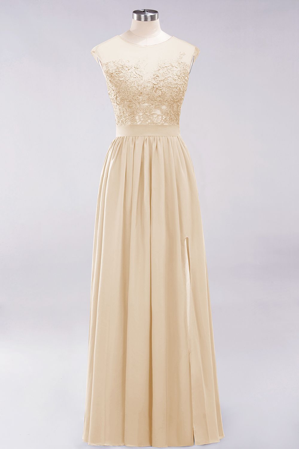 A-line Chiffon Lace Jewel Sleeveless Floor Length Bridesmaid Dresses with Appliques