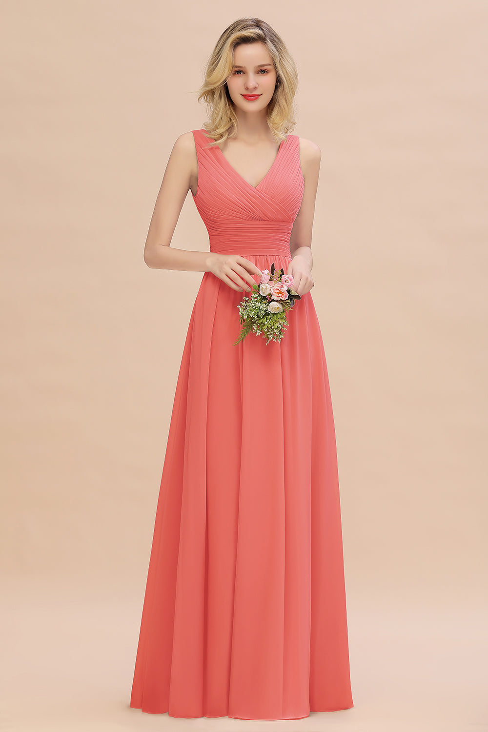 Elegant A-line V-Neck Ruffles Long Bridesmaid Dress