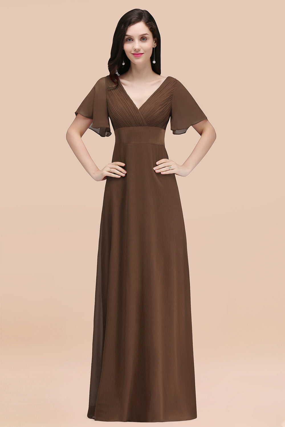 Simple A-Line Chiffon V-Neck Short Sleeves Ruffles Floor Length Bridesmaid Dresses