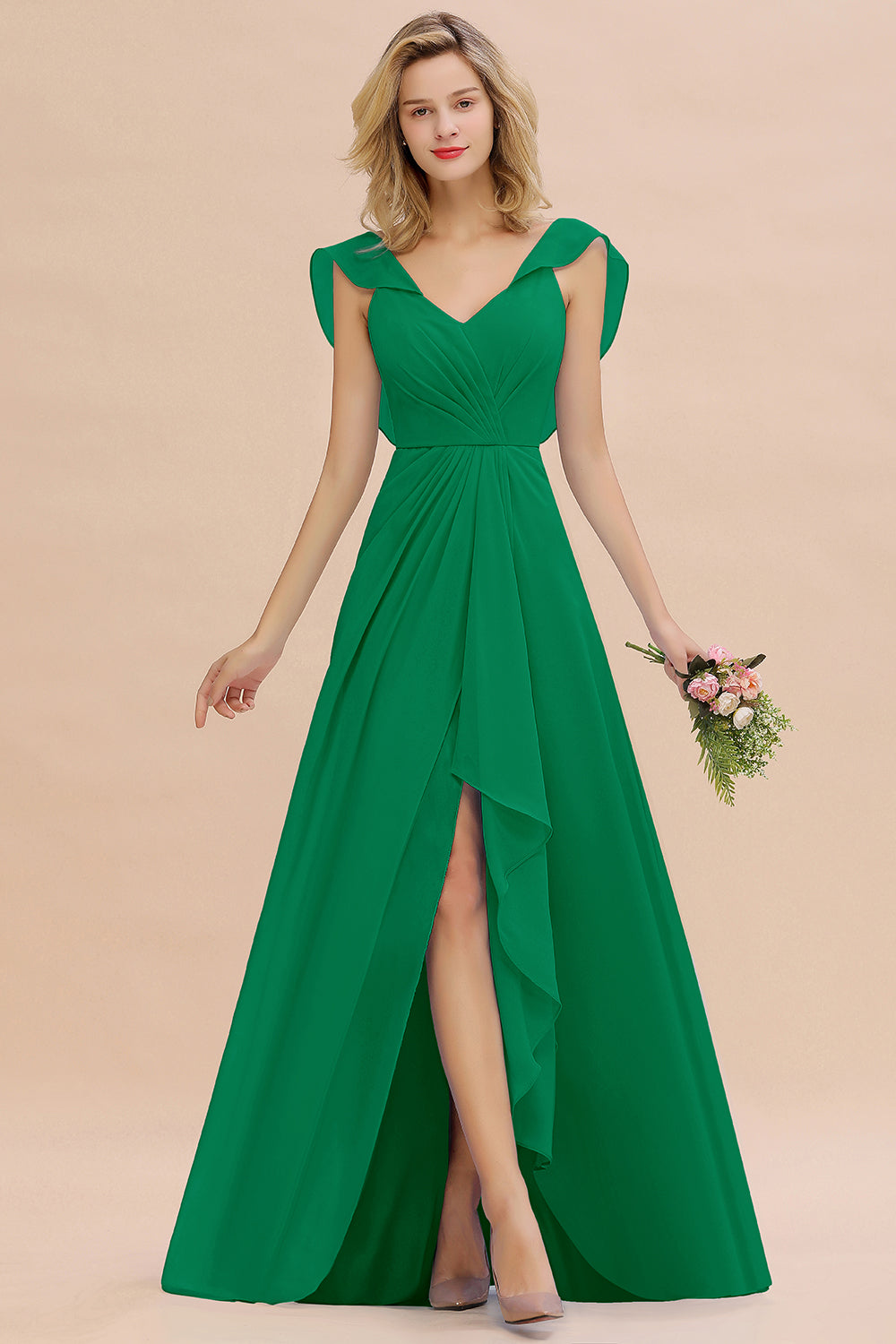 Simple High Low A-line V-Neck Ruffles Chiffon Emerald Bridesmaid Dress