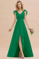 Simple High Low A-line V-Neck Ruffles Chiffon Emerald Bridesmaid Dress