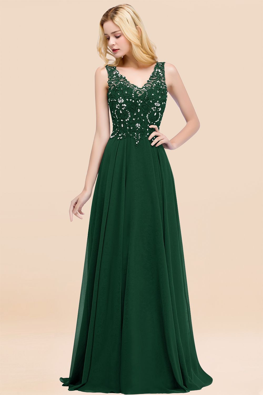 Dusty Rose Lace V-Neck Long Bridesmaid Dresses With Appliques