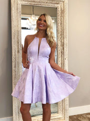 Short V-Neck A-Line Sleeveless Satin Lace Prom Dresses with Pockets