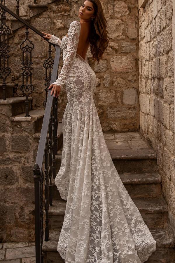 Elegant Long Mermaid Sweetheart Tulle Lace Backless Wedding Dresses with Sleeves