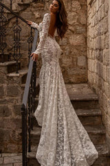 Elegant Long Mermaid Sweetheart Tulle Lace Backless Wedding Dresses with Sleeves