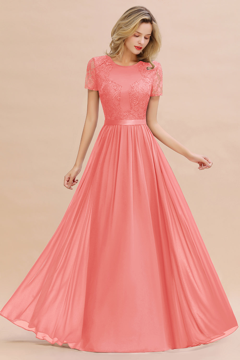 Chiffon Lace Scoop Short Sleeve Bridesmaid Dress