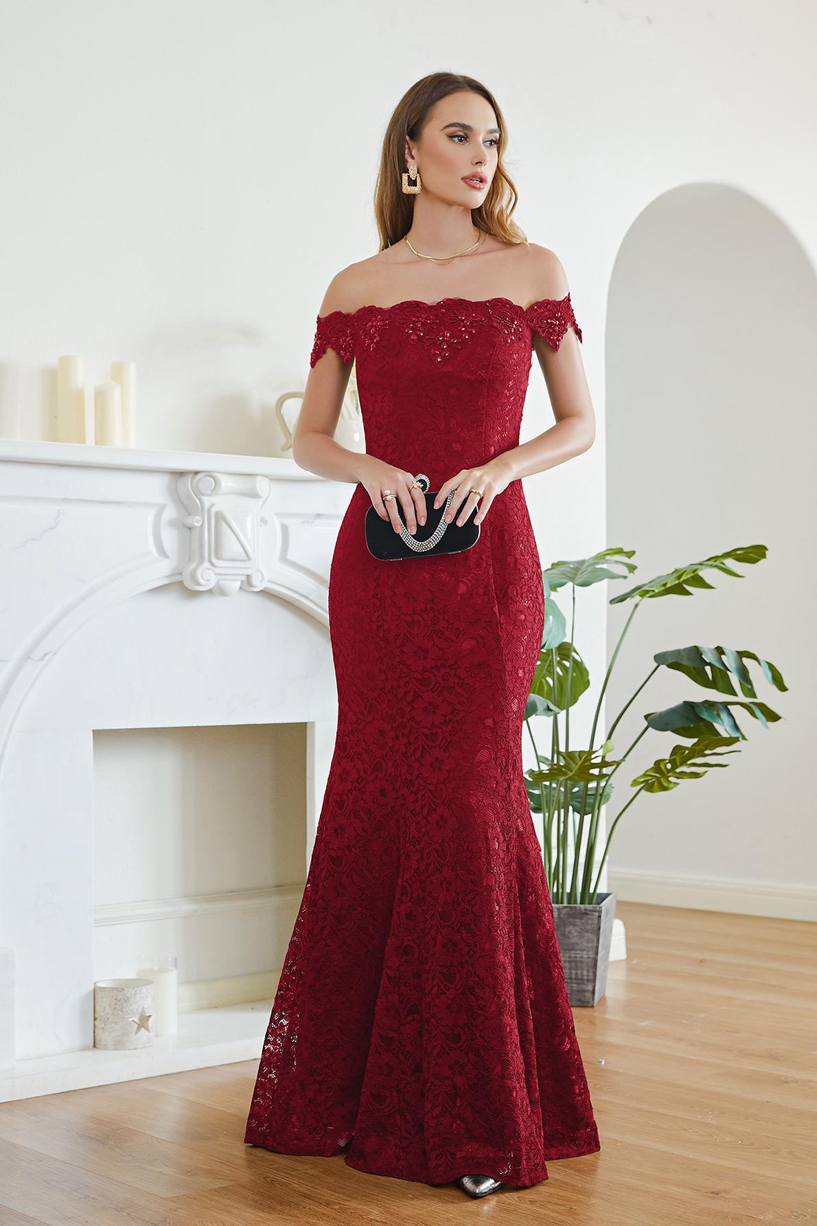 Long Off The Shoulder Floral Lace Mermaid Floor Length Formal Evening Dress
