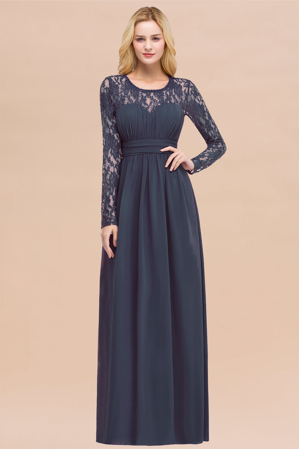 Elegant A-Line Chiffon Jewel Long Sleeves Ruffles Floor Length Bridesmaid Dresses