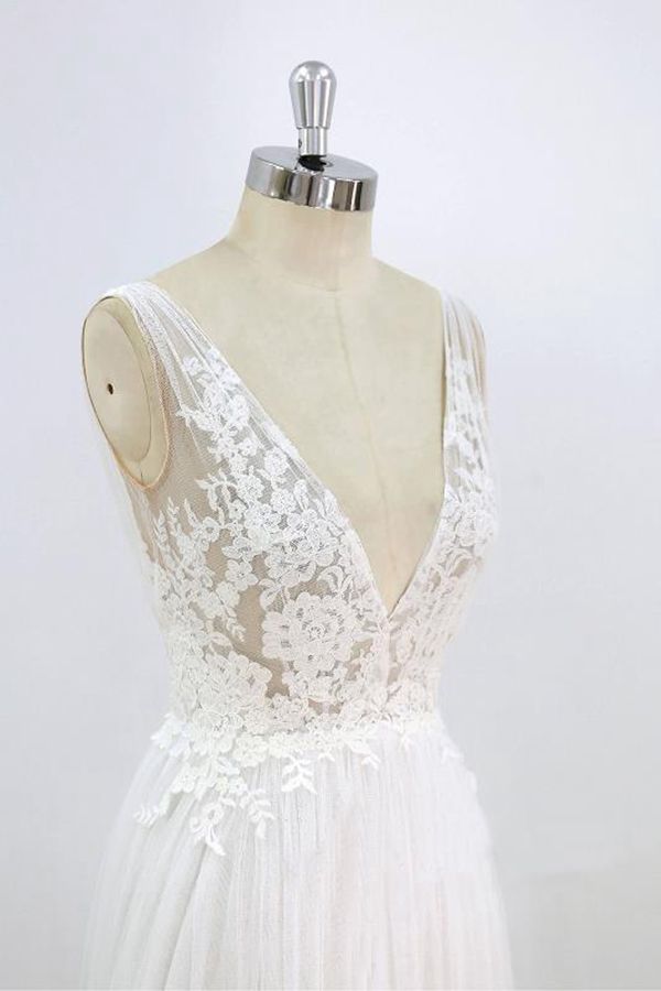 Long Deep V-neck Lace A-line Tulle Wedding Dress