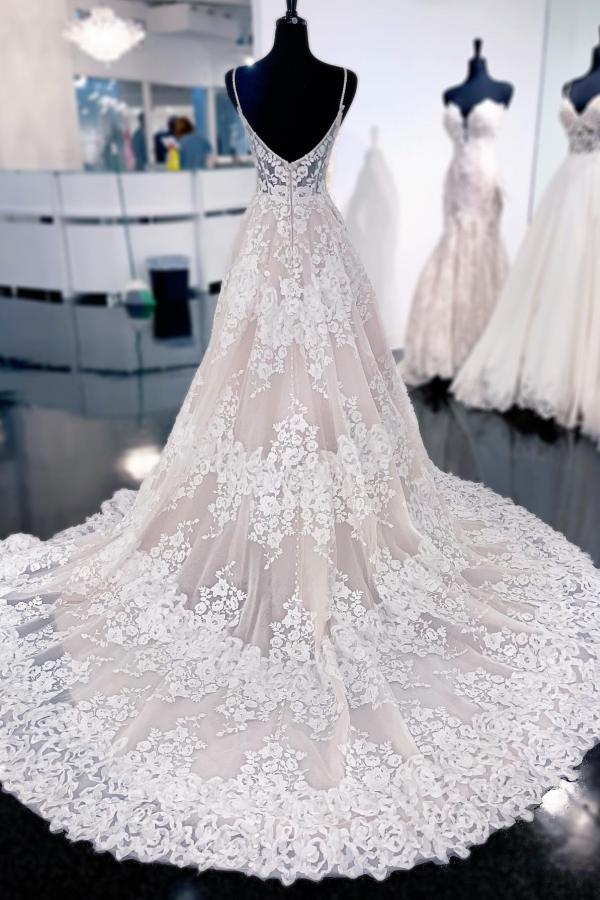 Elegant Long A-line V-neck Lace Backless Wedding Dresses