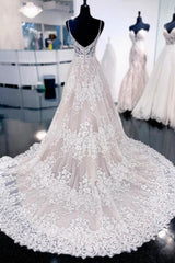 Elegant Long A-line V-neck Lace Backless Wedding Dresses