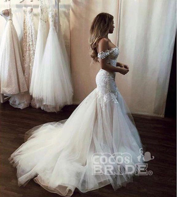 Off the Shoulder Mermaid Lace Long Tulle Wedding Dress