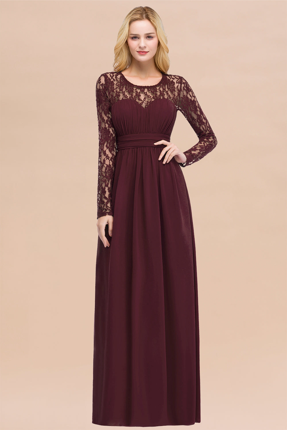 Elegant A-Line Chiffon Jewel Long Sleeves Ruffles Floor Length Bridesmaid Dresses