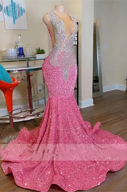 Sparkle Long Mermaid Sequin Sleeveless V-neck Prom Dress