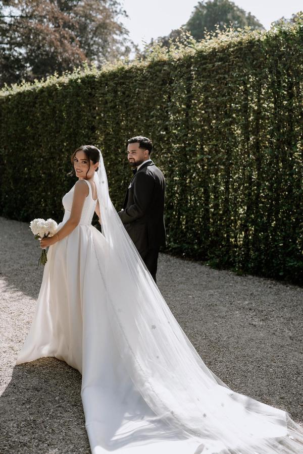 Satin Split Front Square Neck A-Line Satin Long Wedding Dress