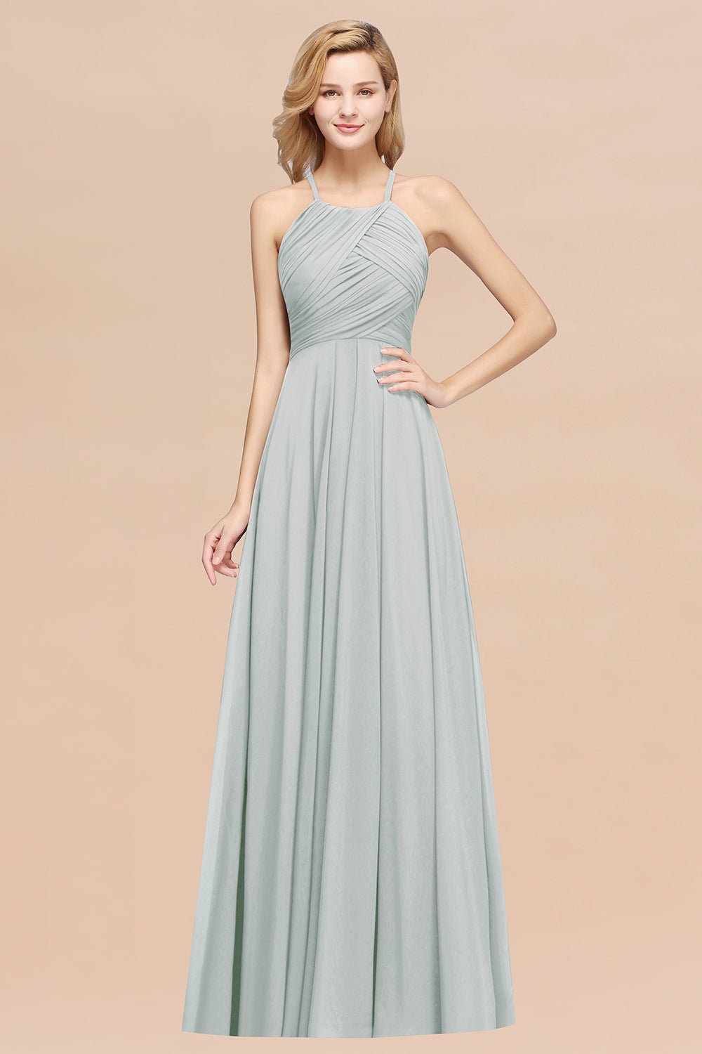 A-Line Chiffon Halter Ruffles Floor Length Bridesmaid Dress