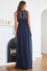 Long A-line Crew Neck Chiffon Floor Length Sleeveless Formal Evening Dress