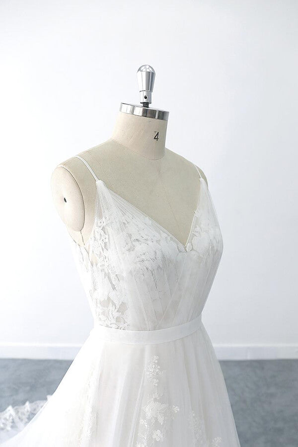 Elegant Long V-neck Ruffle Appliques Tulle A-line Backless Wedding Dress